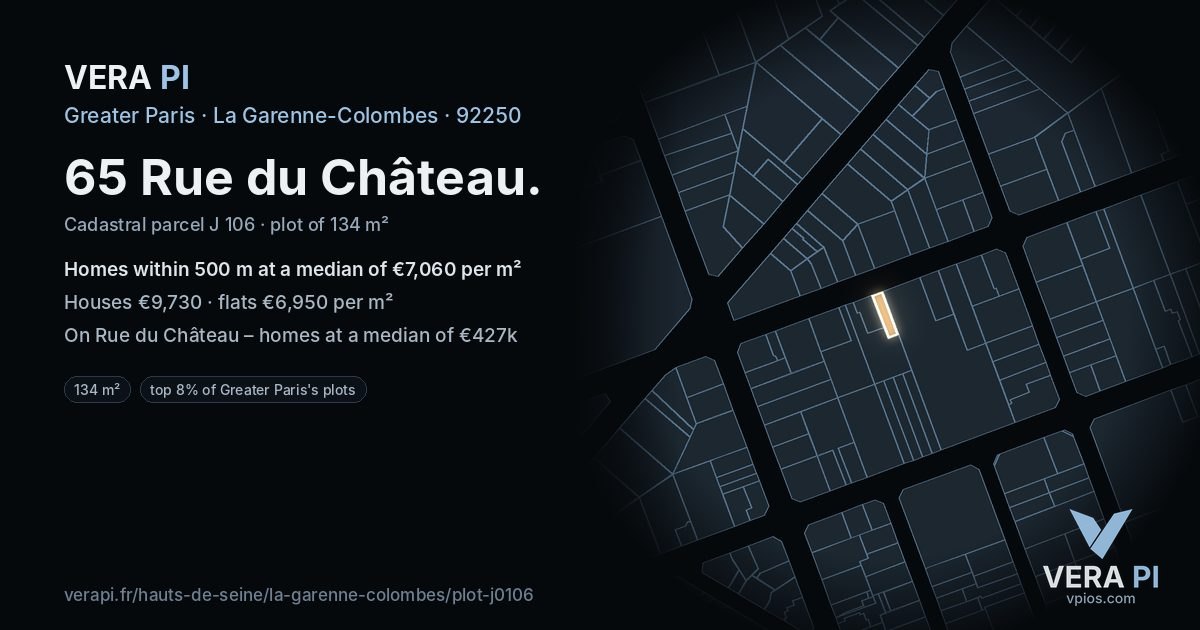 65 Rue du Château, La Garenne-Colombes at night – the plot lit, the parcels around coloured by the prices near them