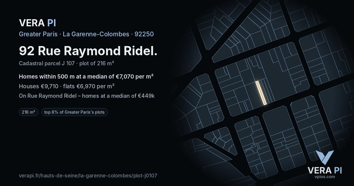 92 Rue Raymond Ridel, La Garenne-Colombes at night – the plot lit, the parcels around coloured by the prices near them