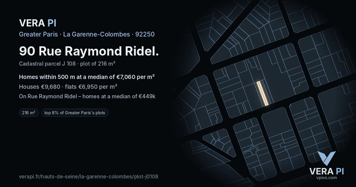 90 Rue Raymond Ridel, La Garenne-Colombes at night – the plot lit, the parcels around coloured by the prices near them