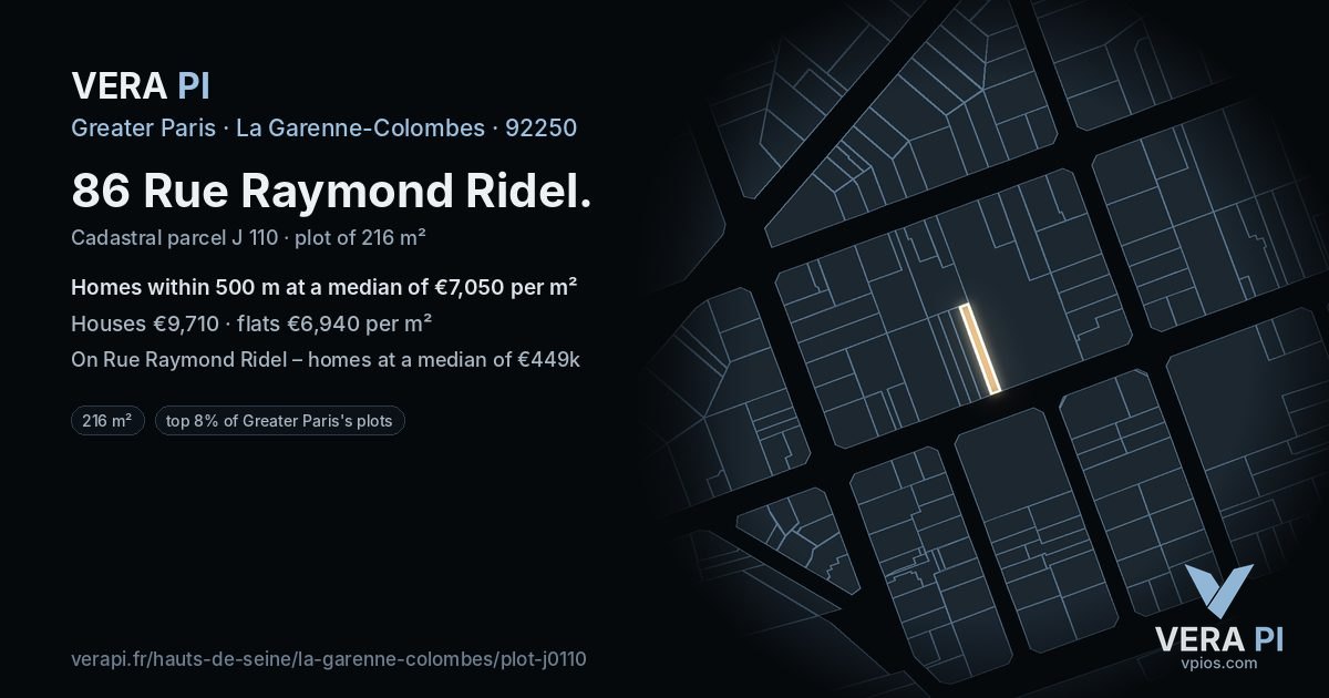 86 Rue Raymond Ridel, La Garenne-Colombes at night – the plot lit, the parcels around coloured by the prices near them