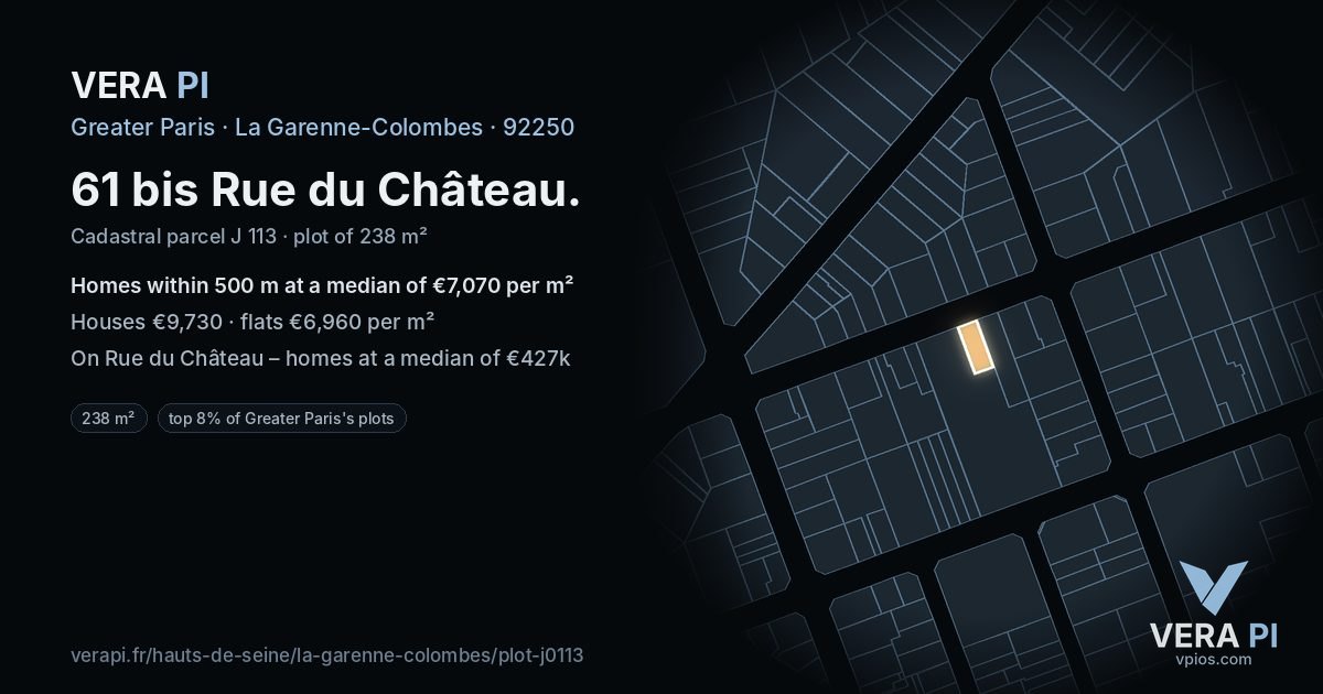 61 bis Rue du Château, La Garenne-Colombes at night – the plot lit, the parcels around coloured by the prices near them