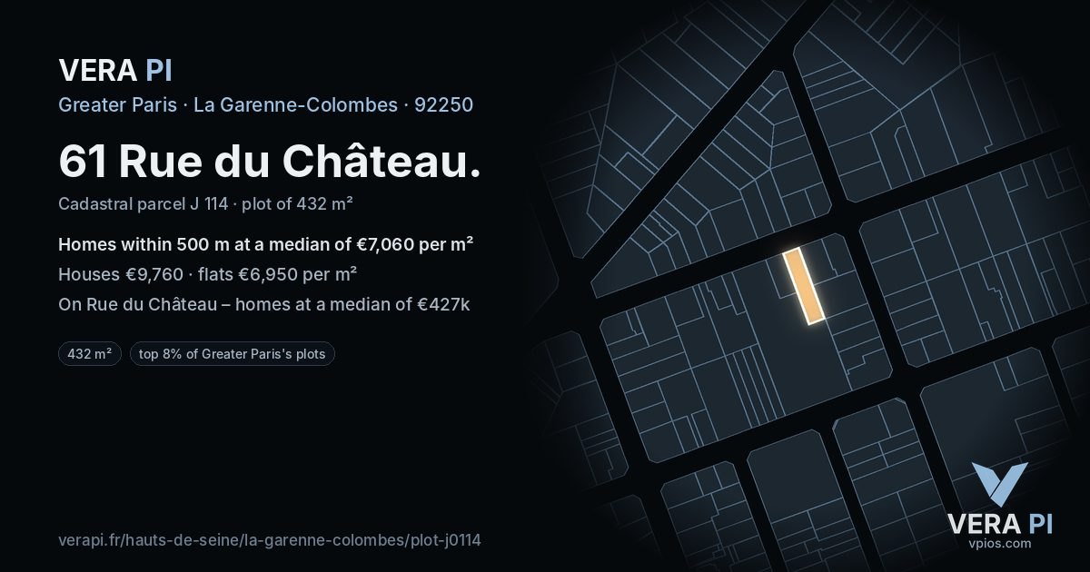 61 Rue du Château, La Garenne-Colombes at night – the plot lit, the parcels around coloured by the prices near them