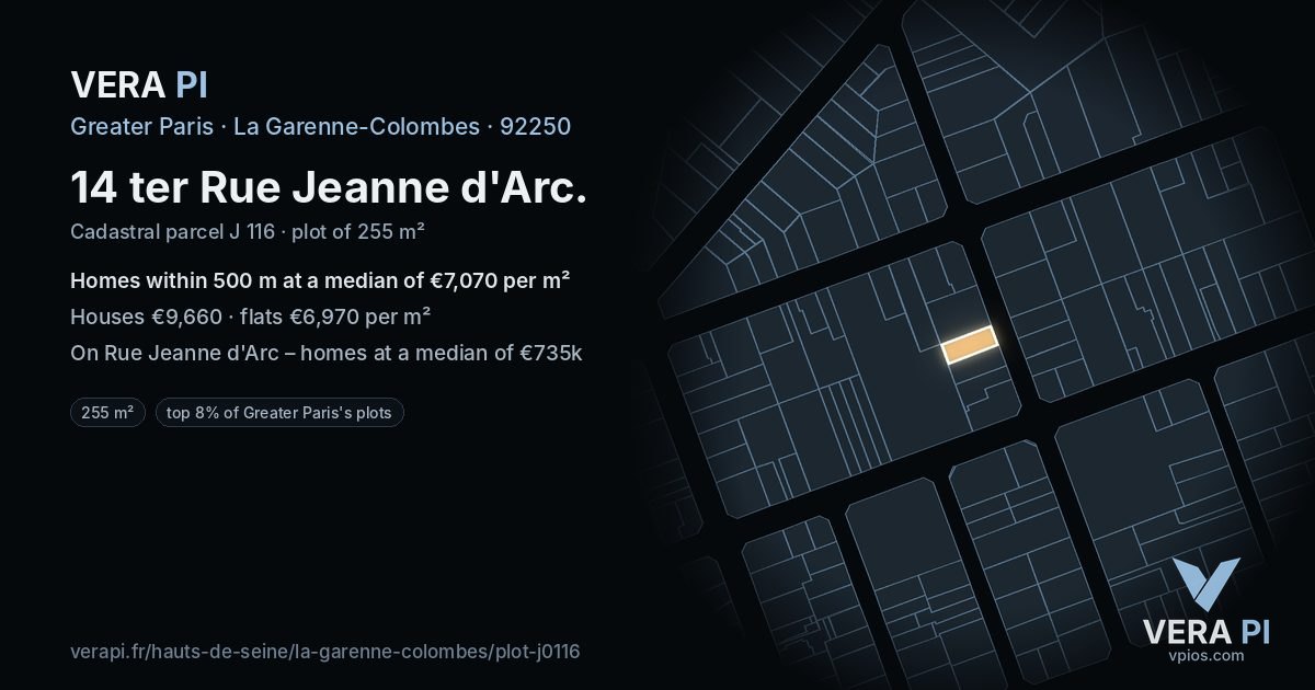 14 ter Rue Jeanne d'Arc, La Garenne-Colombes at night – the plot lit, the parcels around coloured by the prices near them