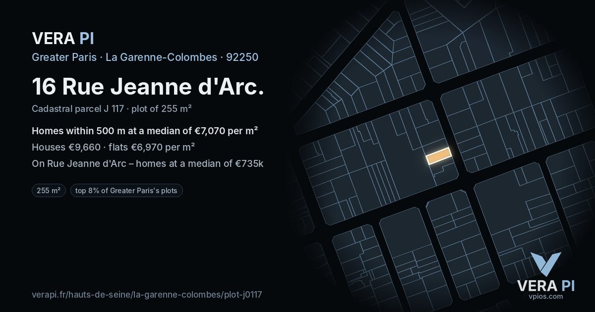 16 Rue Jeanne d'Arc, La Garenne-Colombes at night – the plot lit, the parcels around coloured by the prices near them