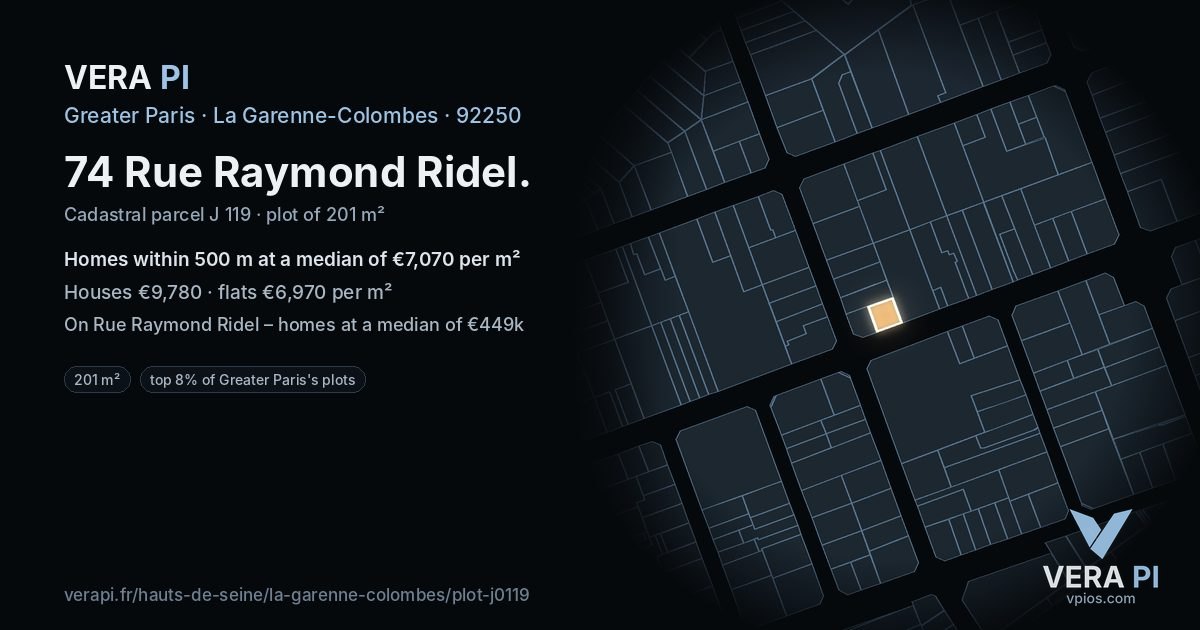 74 Rue Raymond Ridel, La Garenne-Colombes at night – the plot lit, the parcels around coloured by the prices near them