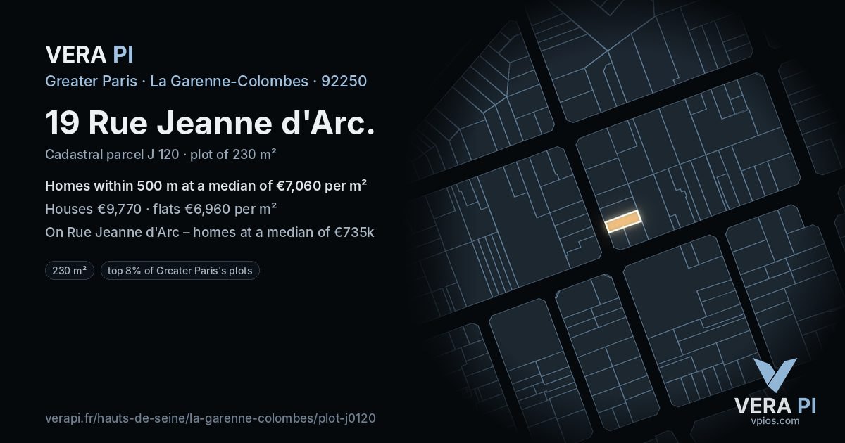 19 Rue Jeanne d'Arc, La Garenne-Colombes at night – the plot lit, the parcels around coloured by the prices near them