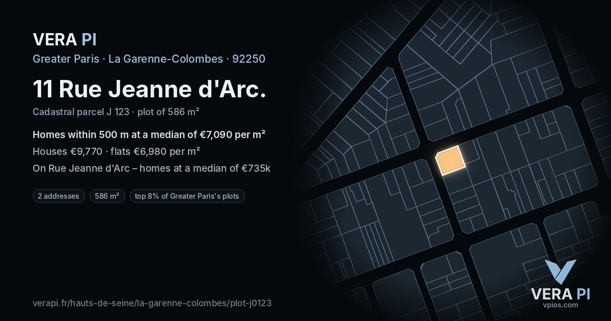 11 Rue Jeanne d'Arc, La Garenne-Colombes at night – the plot lit, the parcels around coloured by the prices near them