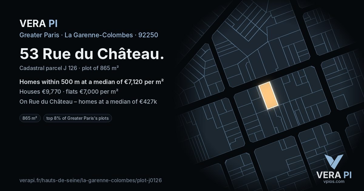 53 Rue du Château, La Garenne-Colombes at night – the plot lit, the parcels around coloured by the prices near them