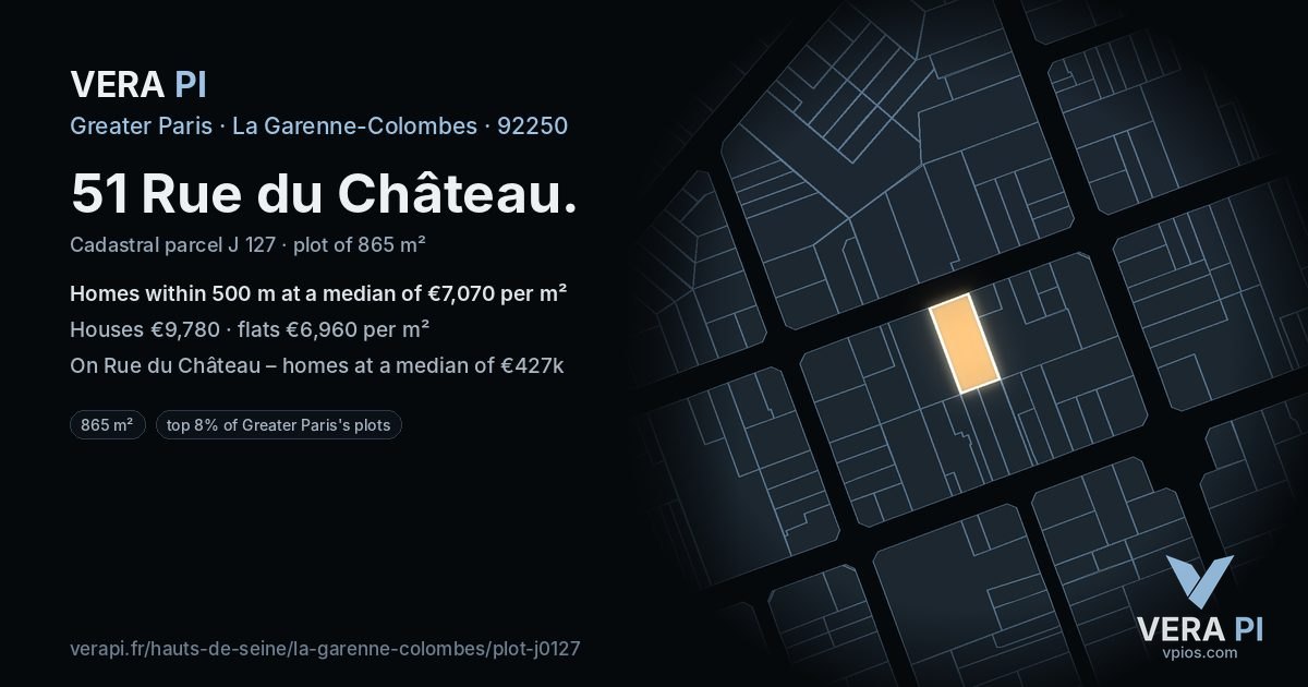 51 Rue du Château, La Garenne-Colombes at night – the plot lit, the parcels around coloured by the prices near them
