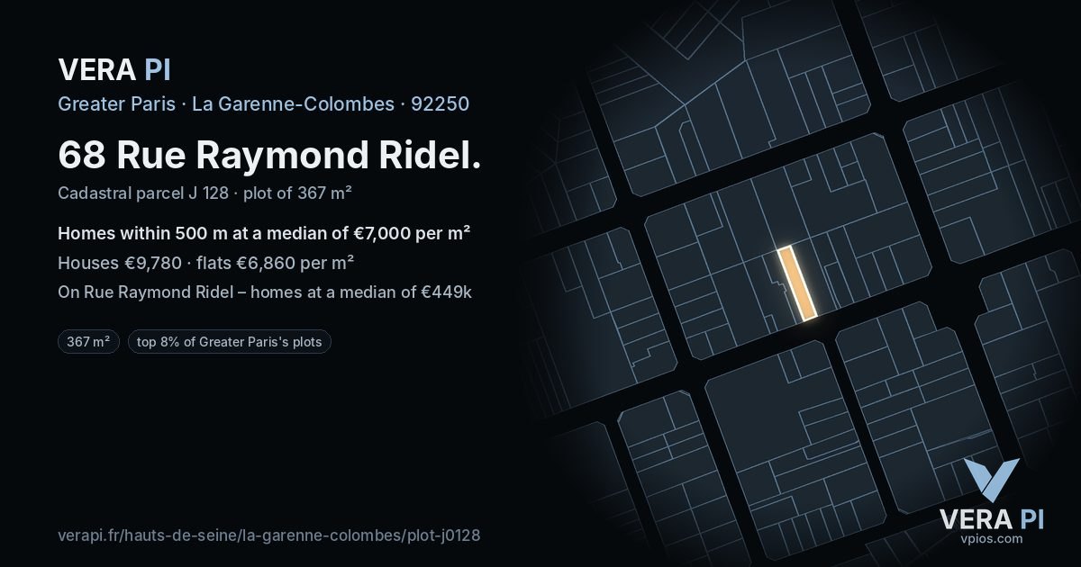 68 Rue Raymond Ridel, La Garenne-Colombes at night – the plot lit, the parcels around coloured by the prices near them