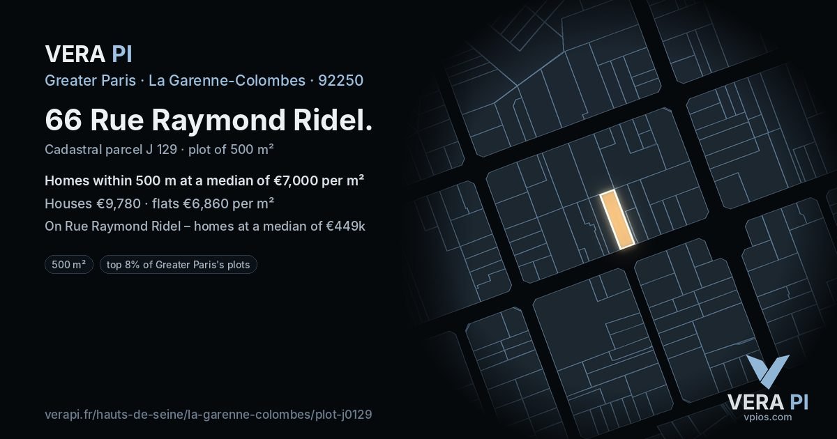66 Rue Raymond Ridel, La Garenne-Colombes at night – the plot lit, the parcels around coloured by the prices near them
