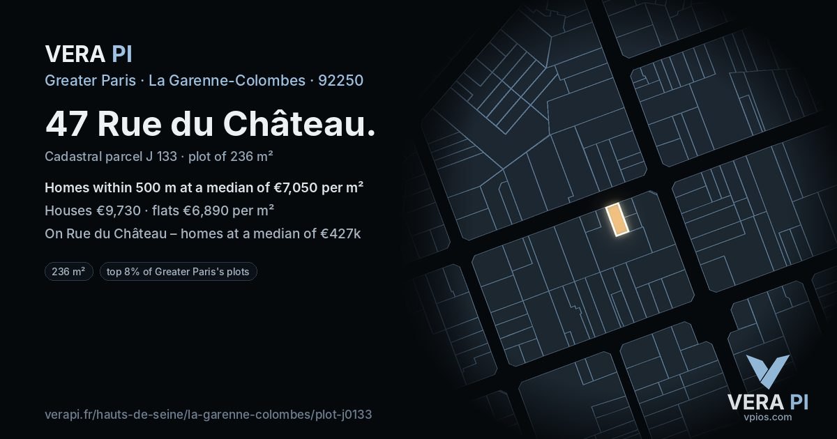 47 Rue du Château, La Garenne-Colombes at night – the plot lit, the parcels around coloured by the prices near them
