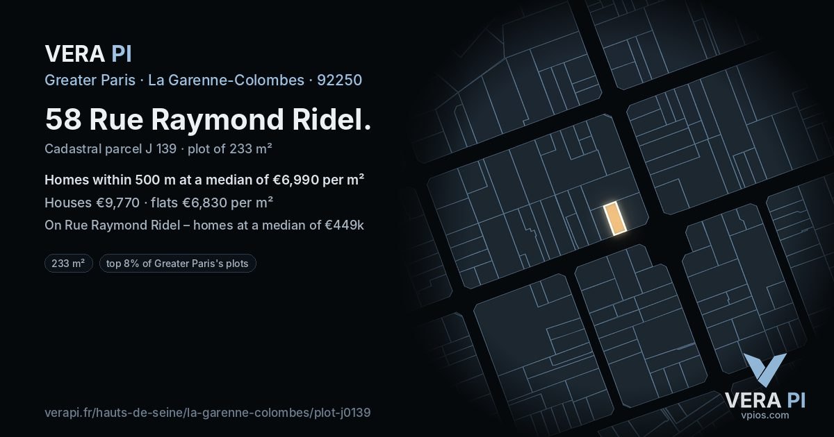 58 Rue Raymond Ridel, La Garenne-Colombes at night – the plot lit, the parcels around coloured by the prices near them