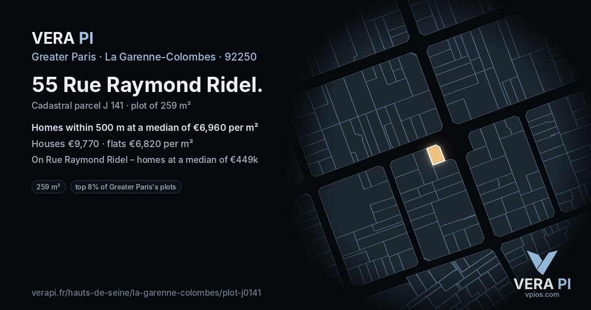 55 Rue Raymond Ridel, La Garenne-Colombes at night – the plot lit, the parcels around coloured by the prices near them