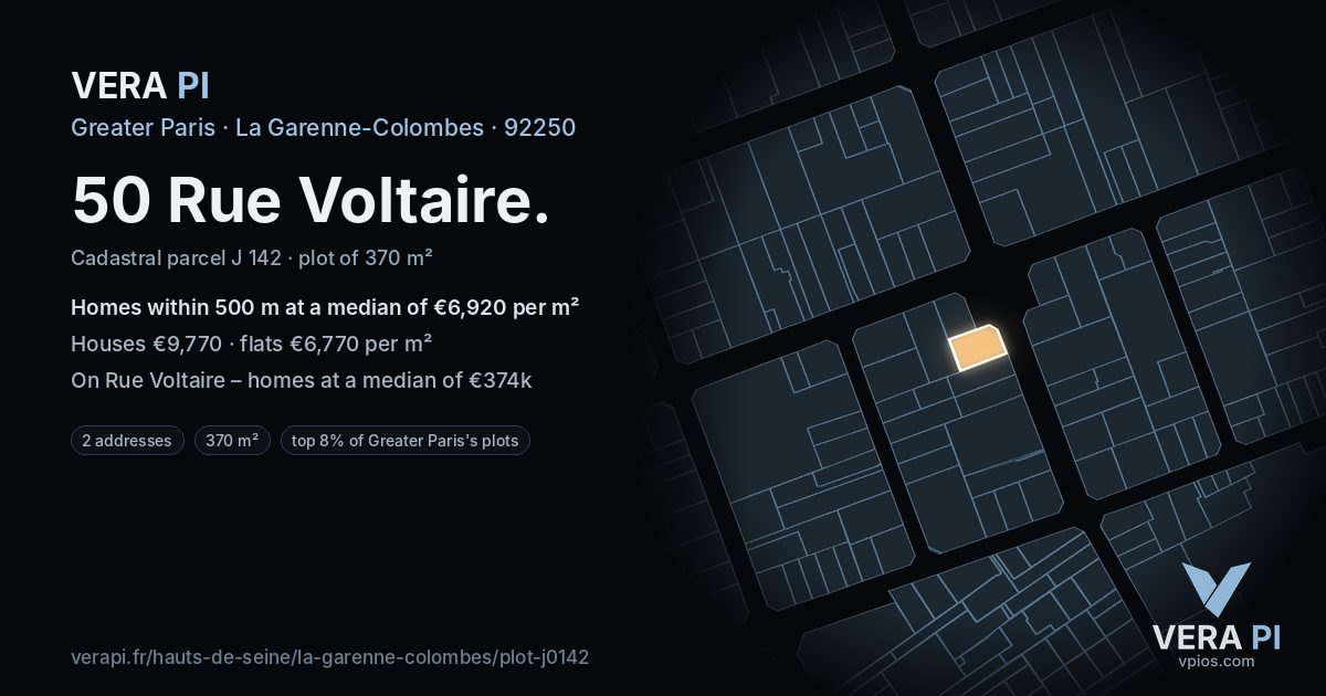 50 Rue Voltaire, La Garenne-Colombes at night – the plot lit, the parcels around coloured by the prices near them