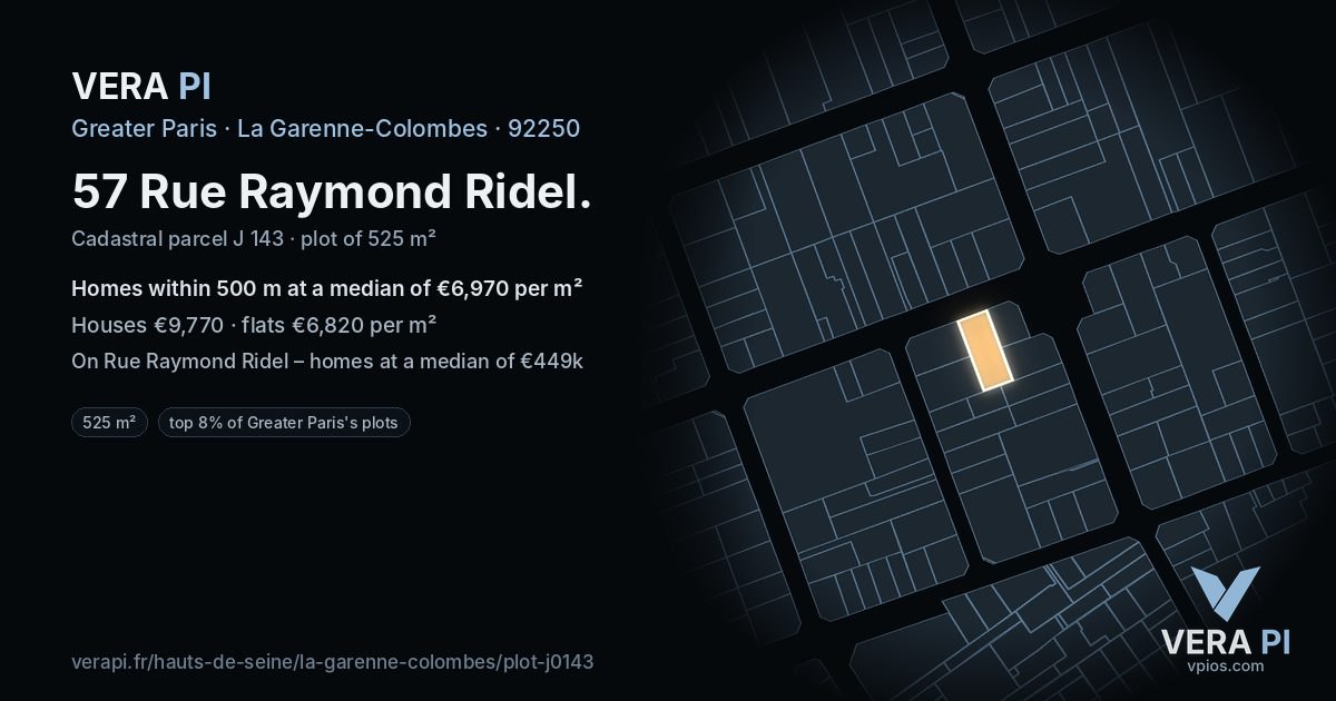 57 Rue Raymond Ridel, La Garenne-Colombes at night – the plot lit, the parcels around coloured by the prices near them