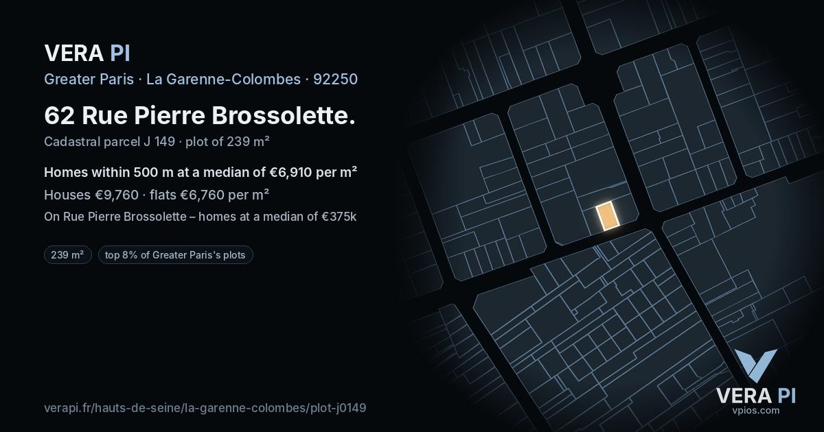 62 Rue Pierre Brossolette, La Garenne-Colombes at night – the plot lit, the parcels around coloured by the prices near them