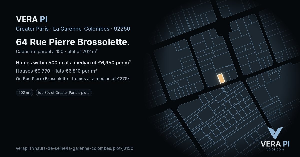 64 Rue Pierre Brossolette, La Garenne-Colombes at night – the plot lit, the parcels around coloured by the prices near them