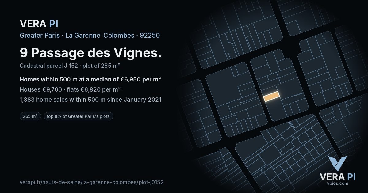 9 Passage des Vignes, La Garenne-Colombes at night – the plot lit, the parcels around coloured by the prices near them