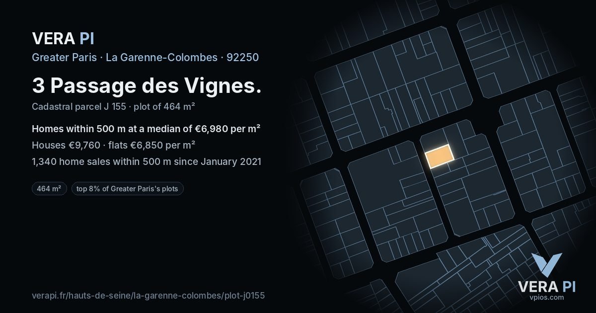 3 Passage des Vignes, La Garenne-Colombes at night – the plot lit, the parcels around coloured by the prices near them
