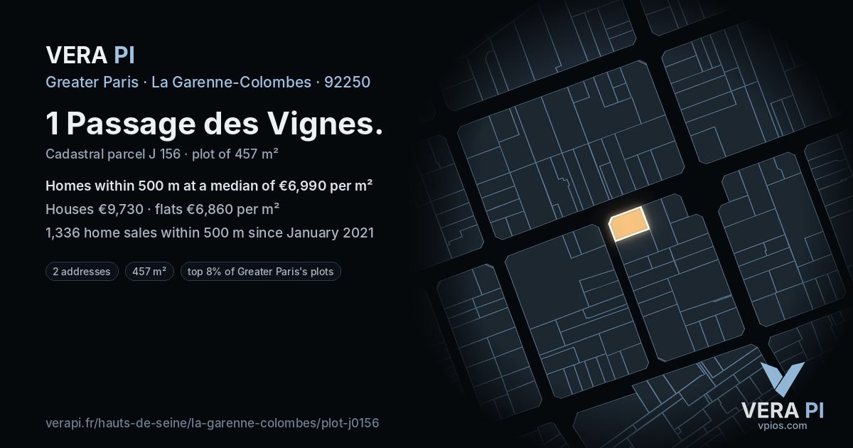 1 Passage des Vignes, La Garenne-Colombes at night – the plot lit, the parcels around coloured by the prices near them