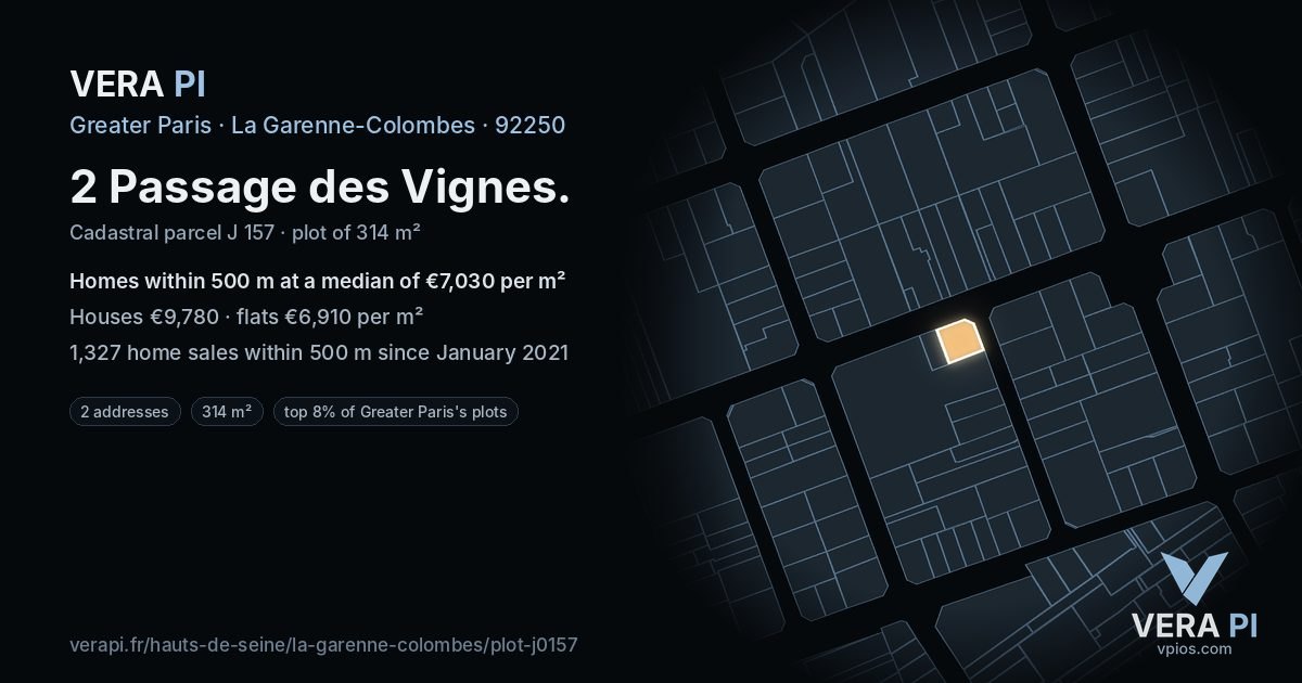 2 Passage des Vignes, La Garenne-Colombes at night – the plot lit, the parcels around coloured by the prices near them
