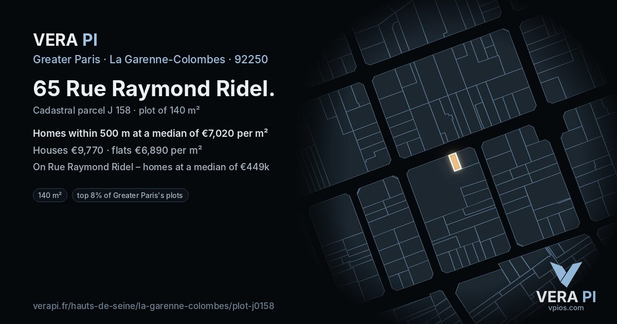 65 Rue Raymond Ridel, La Garenne-Colombes at night – the plot lit, the parcels around coloured by the prices near them