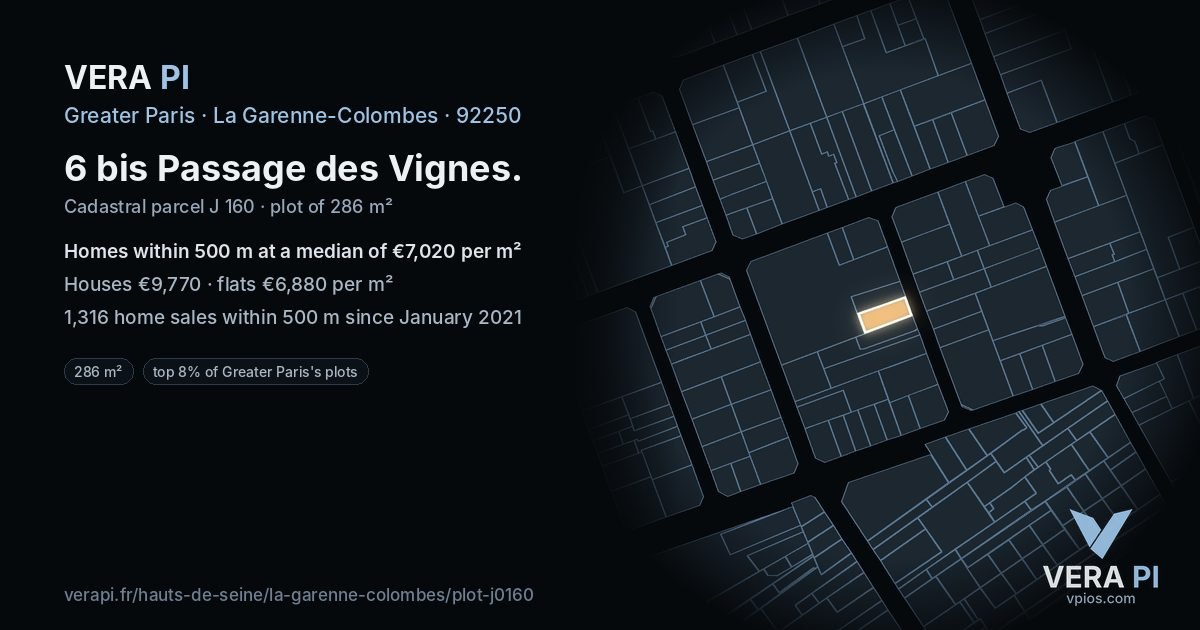 6 bis Passage des Vignes, La Garenne-Colombes at night – the plot lit, the parcels around coloured by the prices near them