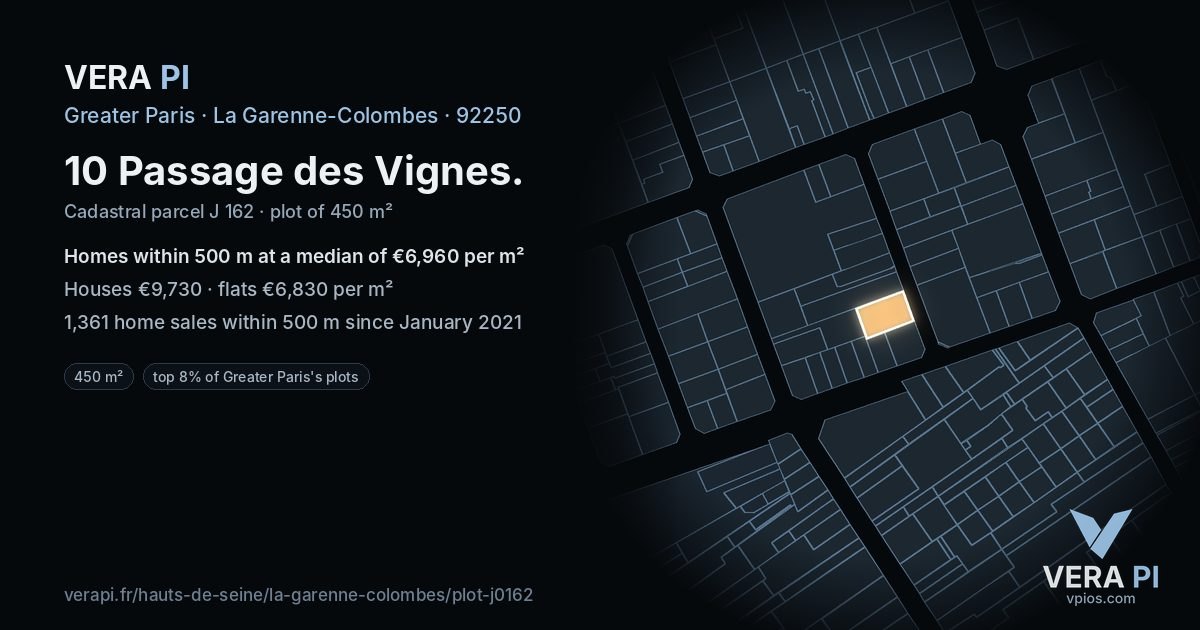 10 Passage des Vignes, La Garenne-Colombes at night – the plot lit, the parcels around coloured by the prices near them