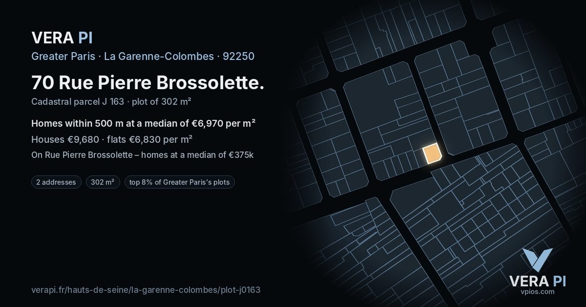 70 Rue Pierre Brossolette, La Garenne-Colombes at night – the plot lit, the parcels around coloured by the prices near them