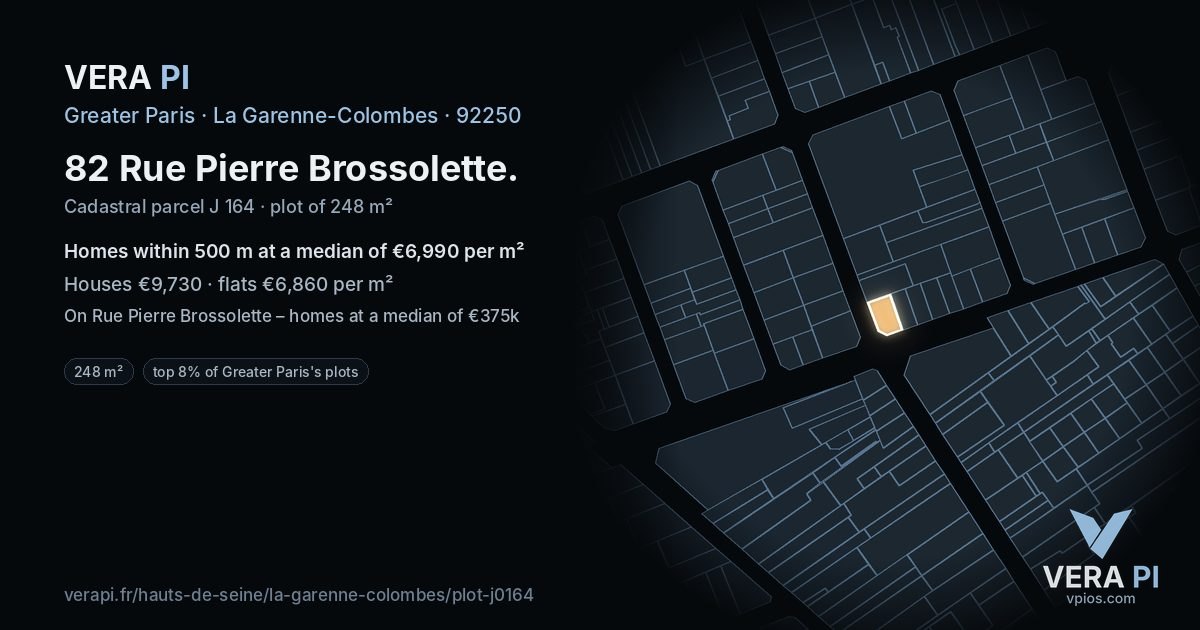 82 Rue Pierre Brossolette, La Garenne-Colombes at night – the plot lit, the parcels around coloured by the prices near them