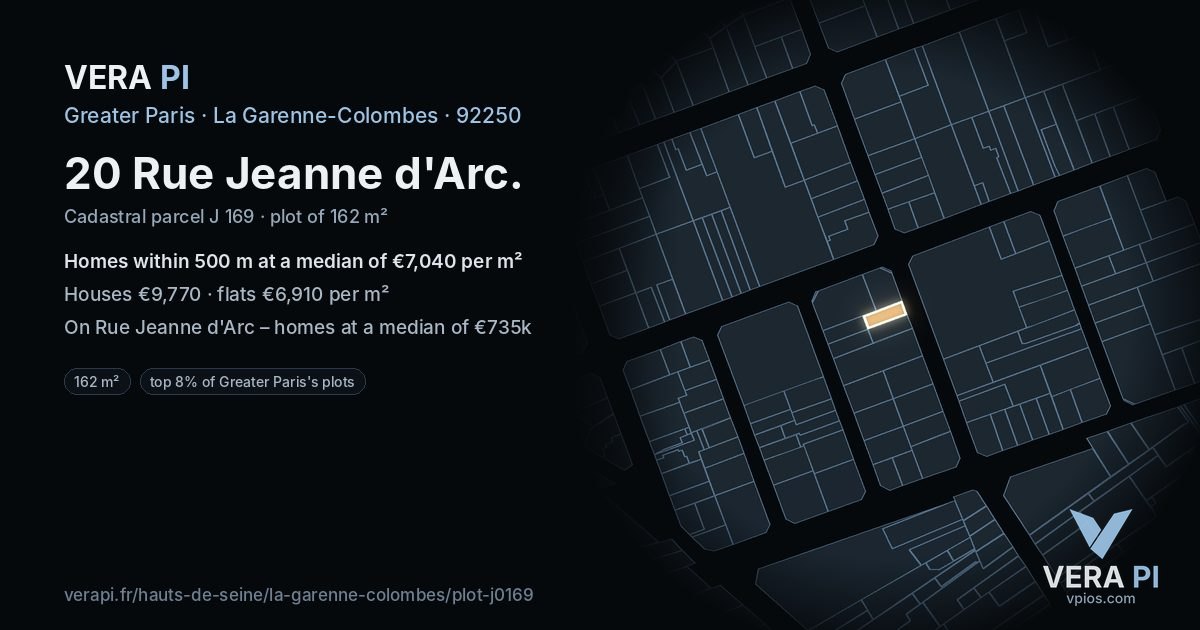 20 Rue Jeanne d'Arc, La Garenne-Colombes at night – the plot lit, the parcels around coloured by the prices near them