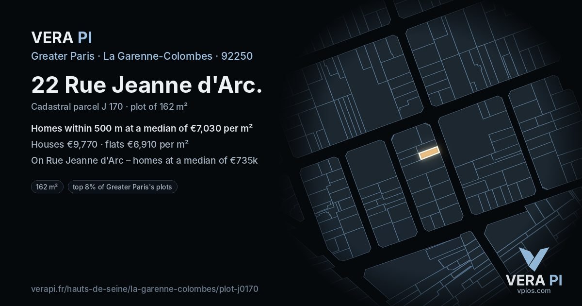 22 Rue Jeanne d'Arc, La Garenne-Colombes at night – the plot lit, the parcels around coloured by the prices near them