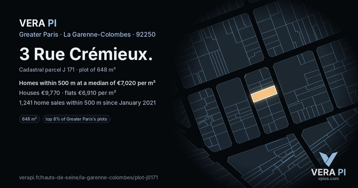 3 Rue Crémieux, La Garenne-Colombes at night – the plot lit, the parcels around coloured by the prices near them