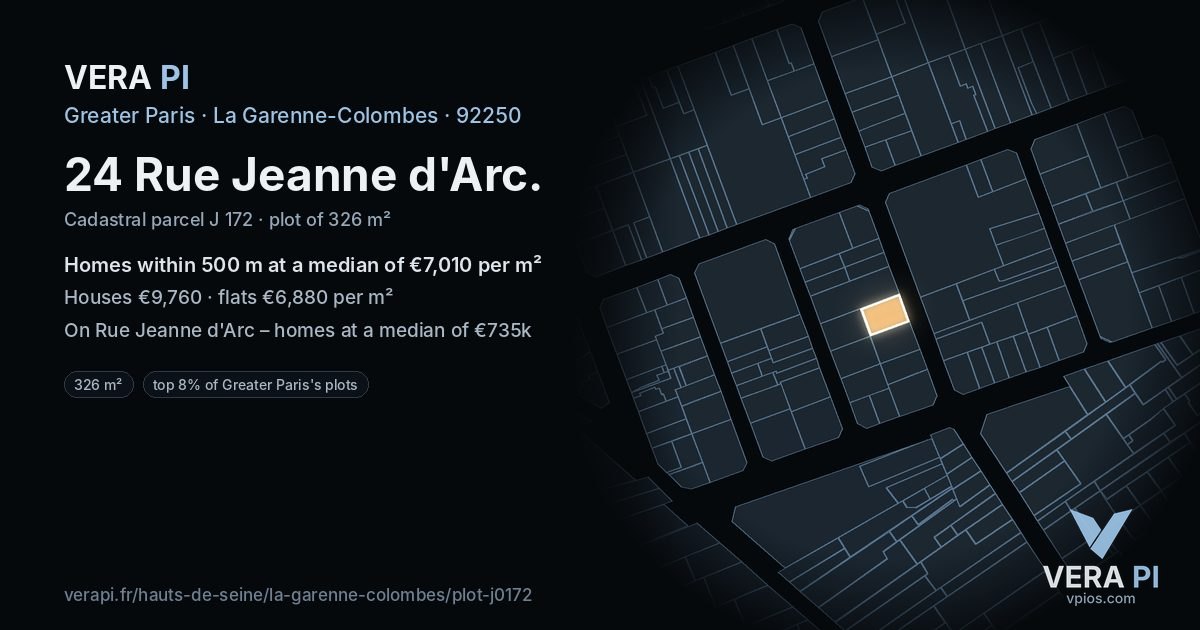 24 Rue Jeanne d'Arc, La Garenne-Colombes at night – the plot lit, the parcels around coloured by the prices near them