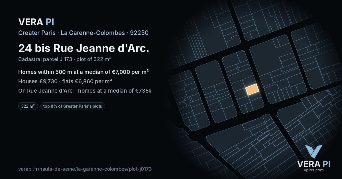 24 bis Rue Jeanne d'Arc, La Garenne-Colombes at night – the plot lit, the parcels around coloured by the prices near them