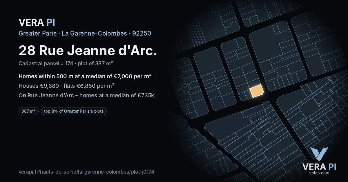 28 Rue Jeanne d'Arc, La Garenne-Colombes at night – the plot lit, the parcels around coloured by the prices near them
