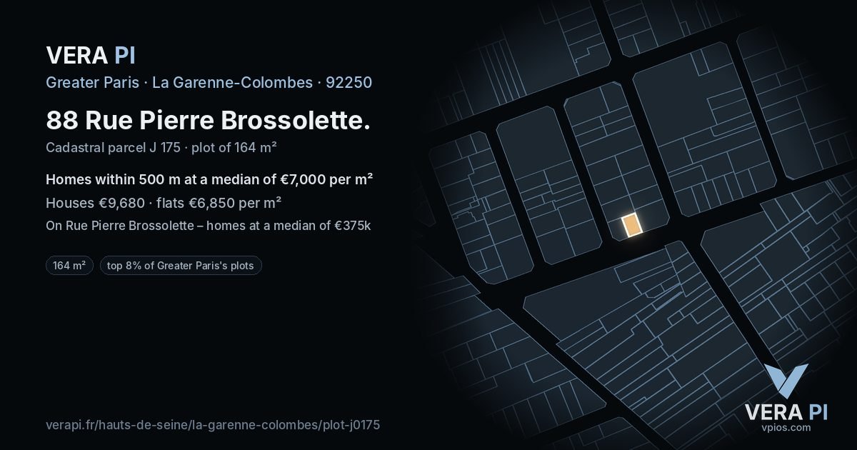 88 Rue Pierre Brossolette, La Garenne-Colombes at night – the plot lit, the parcels around coloured by the prices near them