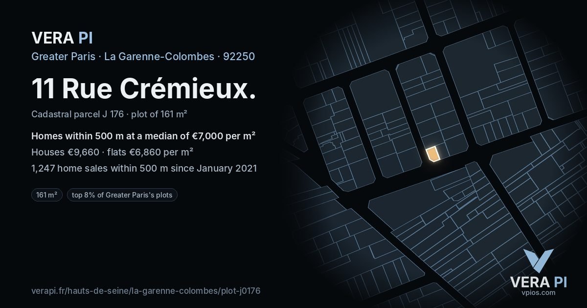 11 Rue Crémieux, La Garenne-Colombes at night – the plot lit, the parcels around coloured by the prices near them