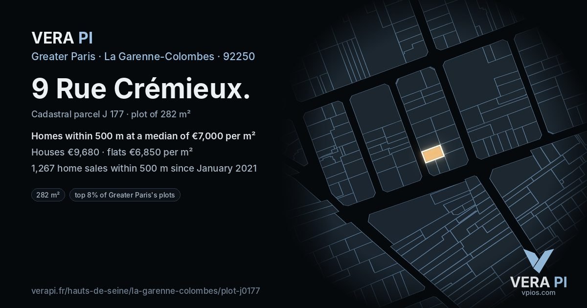 9 Rue Crémieux, La Garenne-Colombes at night – the plot lit, the parcels around coloured by the prices near them