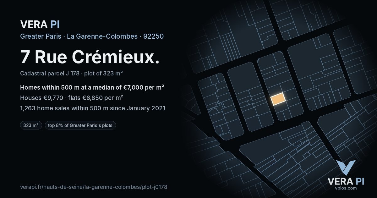 7 Rue Crémieux, La Garenne-Colombes at night – the plot lit, the parcels around coloured by the prices near them
