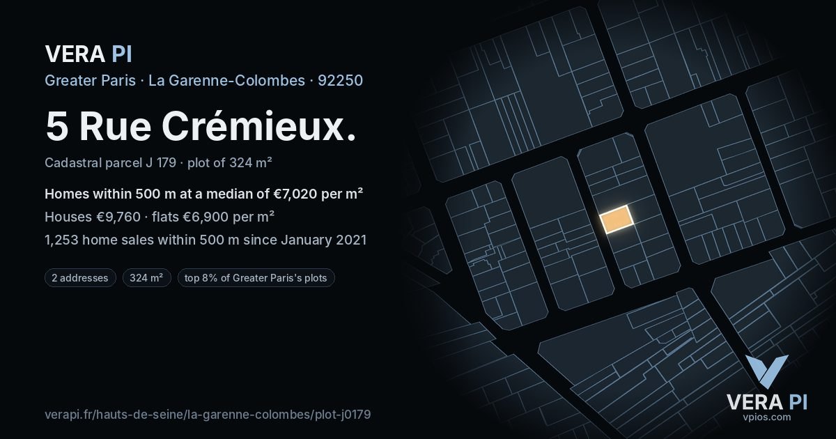 5 Rue Crémieux, La Garenne-Colombes at night – the plot lit, the parcels around coloured by the prices near them