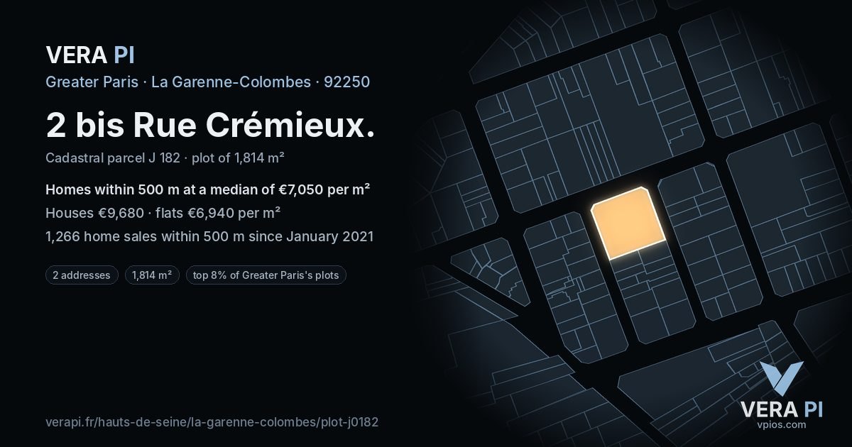 2 bis Rue Crémieux, La Garenne-Colombes at night – the plot lit, the parcels around coloured by the prices near them
