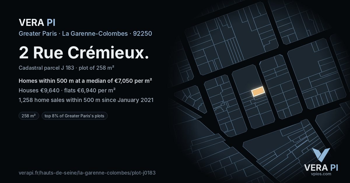 2 Rue Crémieux, La Garenne-Colombes at night – the plot lit, the parcels around coloured by the prices near them