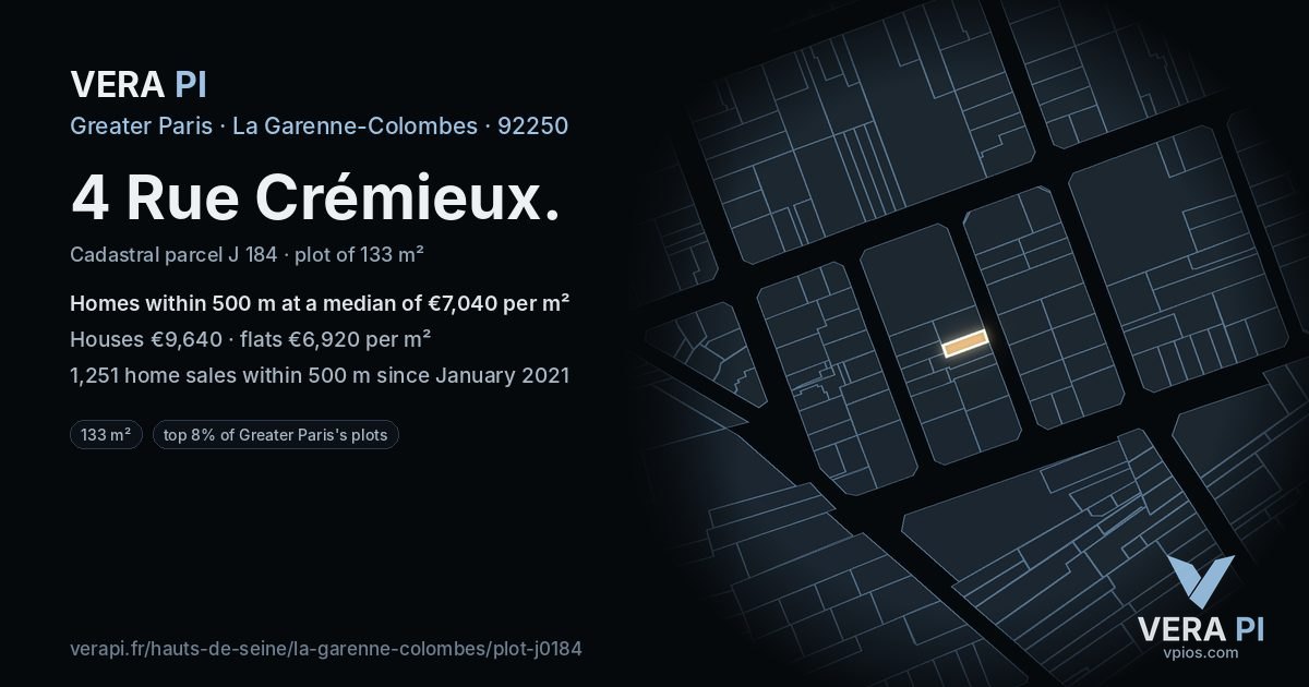 4 Rue Crémieux, La Garenne-Colombes at night – the plot lit, the parcels around coloured by the prices near them