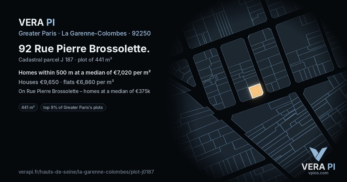 92 Rue Pierre Brossolette, La Garenne-Colombes at night – the plot lit, the parcels around coloured by the prices near them
