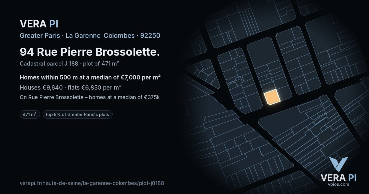 94 Rue Pierre Brossolette, La Garenne-Colombes at night – the plot lit, the parcels around coloured by the prices near them
