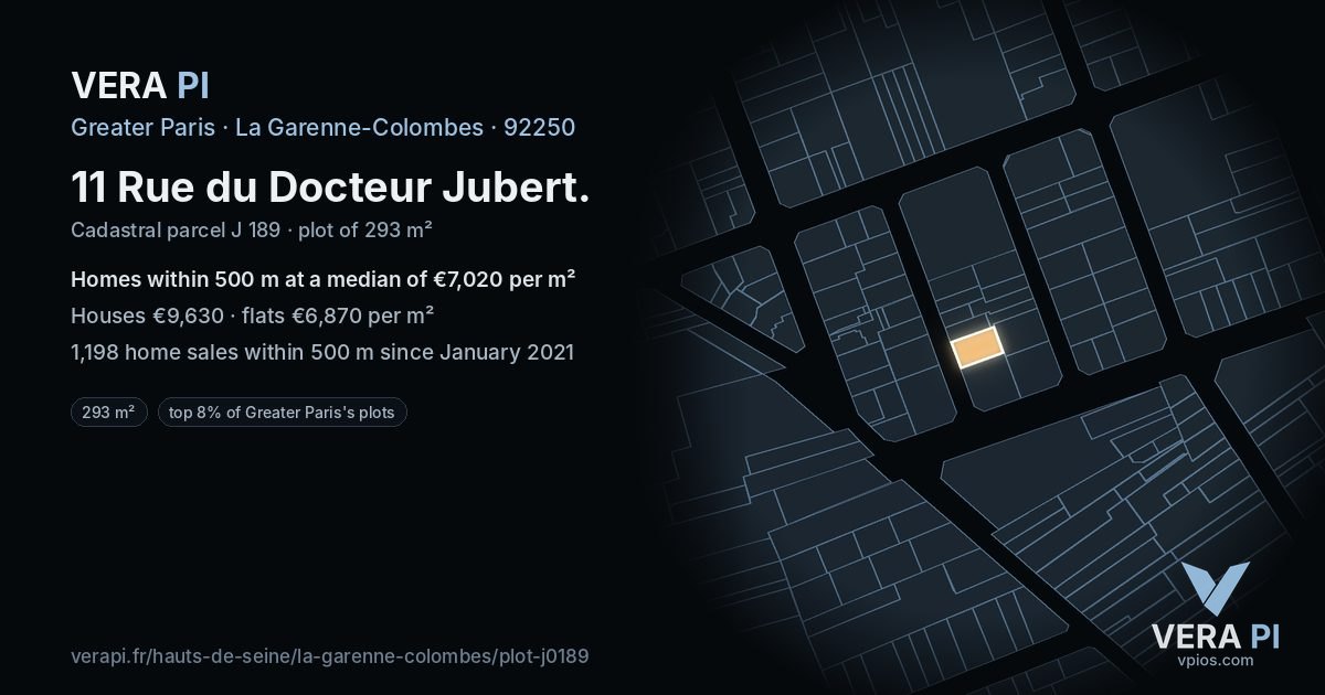 11 Rue du Docteur Jubert, La Garenne-Colombes at night – the plot lit, the parcels around coloured by the prices near them