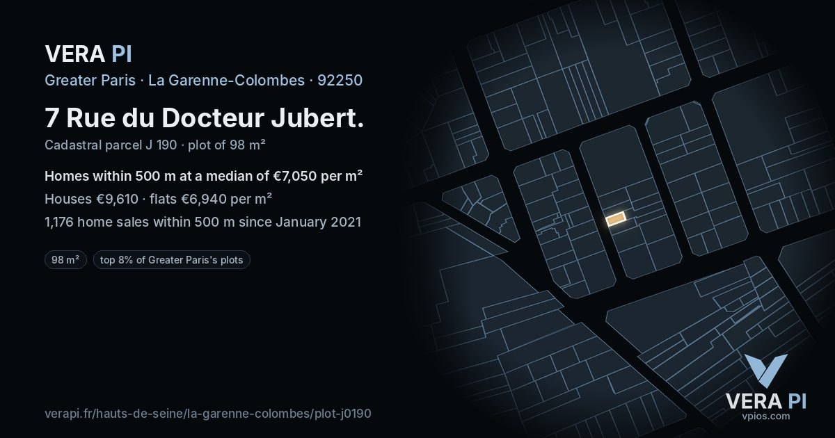 7 Rue du Docteur Jubert, La Garenne-Colombes at night – the plot lit, the parcels around coloured by the prices near them