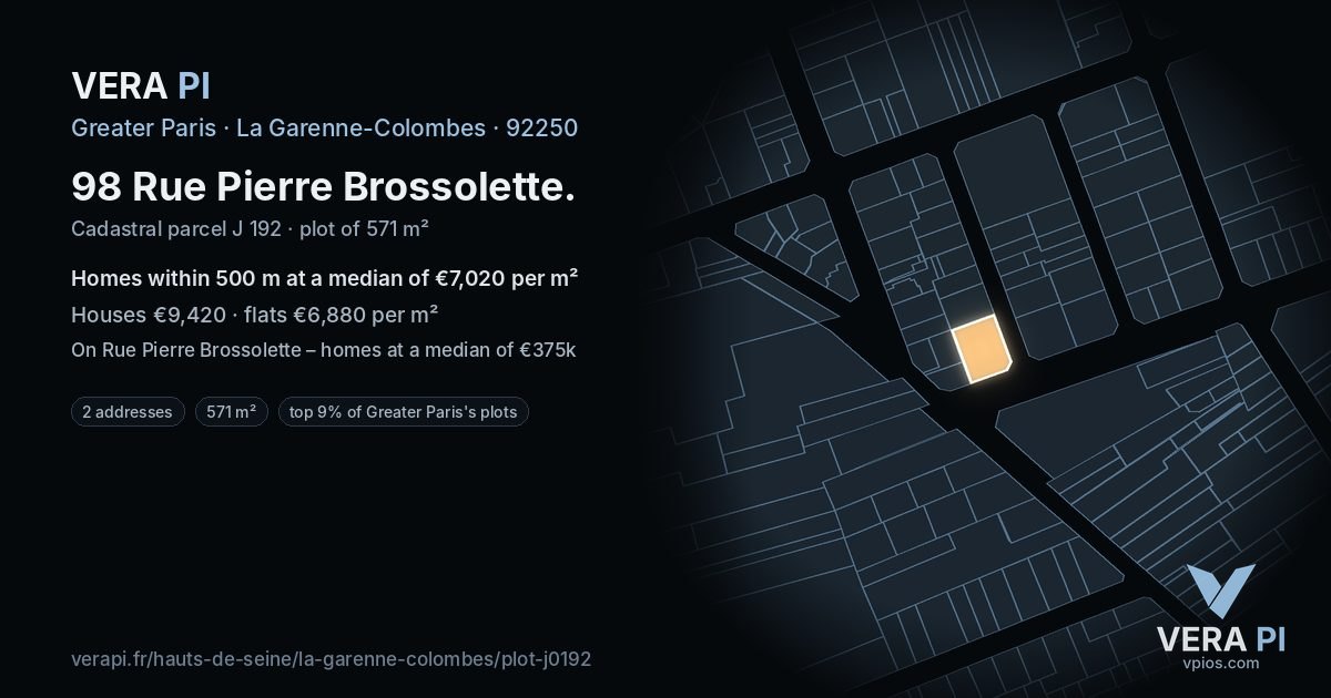 98 Rue Pierre Brossolette, La Garenne-Colombes at night – the plot lit, the parcels around coloured by the prices near them